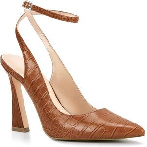 Women's Caramel Faux Leather Pointed Toe Closed Ankle Strap Stylish Comfort Heel